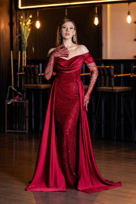 Long Burgundy Beaded Evening Dress ABU5934