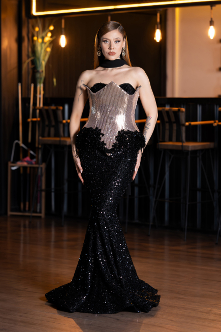 Long Black Scaly Haute Couture Dress ABU5950