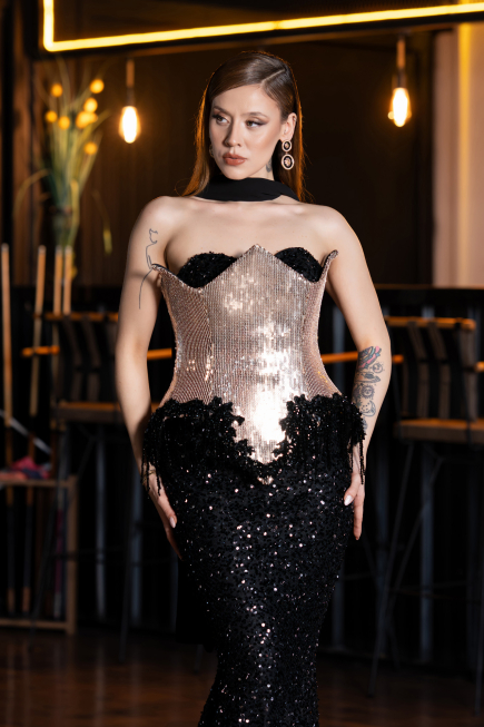 Long Black Scaly Haute Couture Dress ABU5950