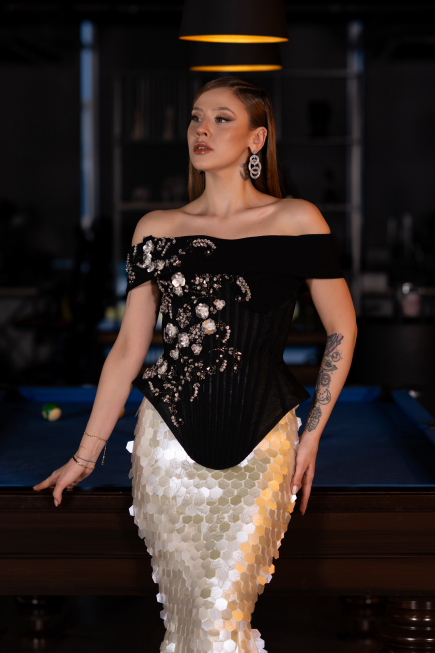 Long Black-White Scaly Haute Couture Dress ABU5952