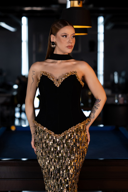 Long Black Scaly Haute Couture Dress ABU5968