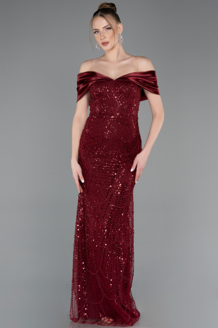 Long Burgundy Beaded Evening Dress ABU5400