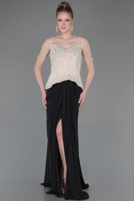 Long Black-Beige Chiffon Evening Dress ABU5753