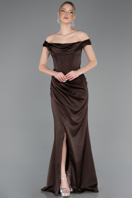 Long Brown Satin Evening Dress ABU5976