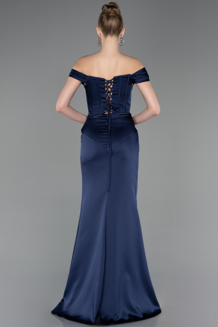 Long Navy Blue Satin Evening Dress ABU5976