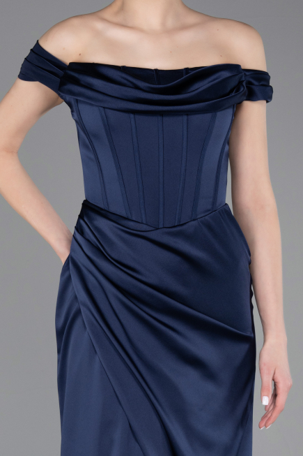 Long Navy Blue Satin Evening Dress ABU5976