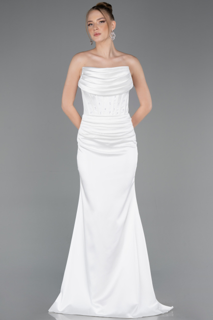Long White Satin Evening Dress ABU5944