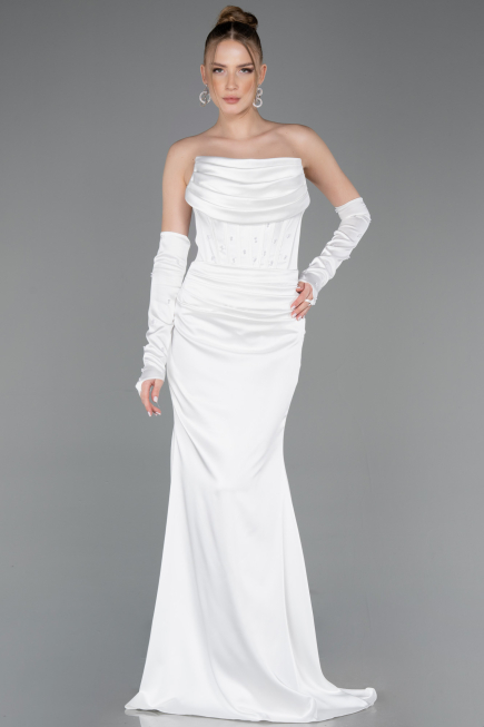 Long White Satin Evening Dress ABU5944