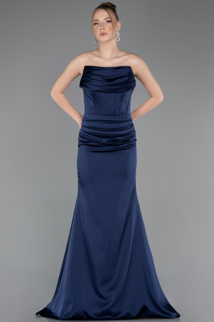 Long Navy Blue Satin Evening Dress ABU5944