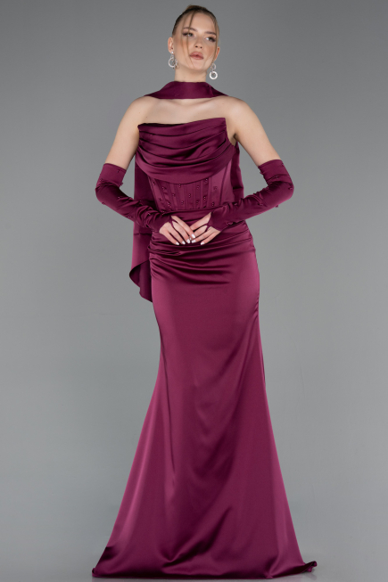Long Plum Satin Evening Dress ABU5944