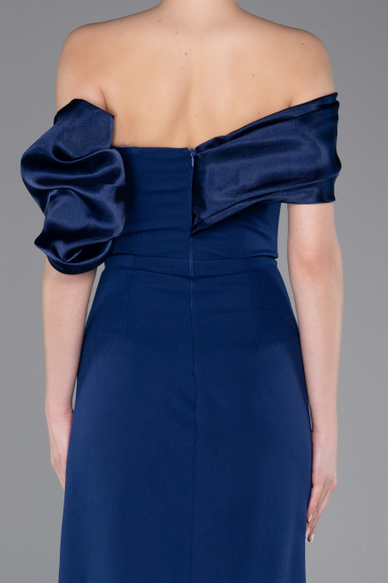 Navy Blue Off Shoulder Satin Drape Slit Evening Gown ABU4024