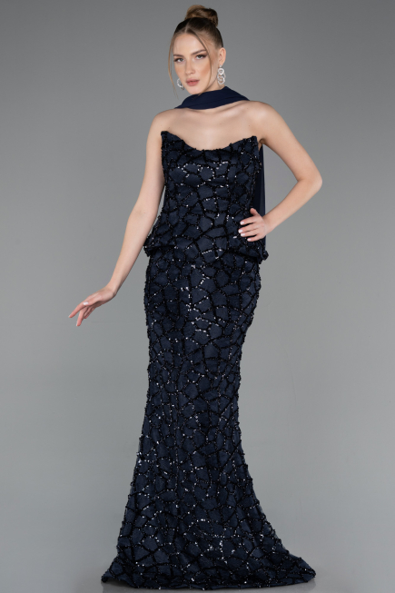 Long Navy Blue Scaly Mermaid Evening Gown ABU5982