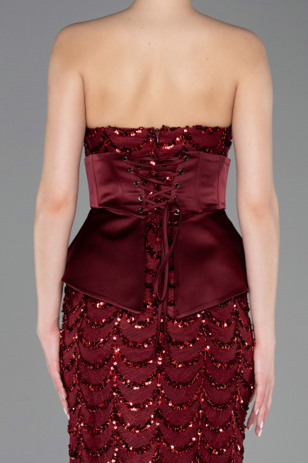 Long Burgundy Scaly Evening Gown ABU5979
