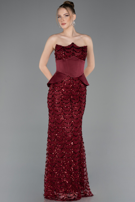 Long Burgundy Scaly Evening Gown ABU5979