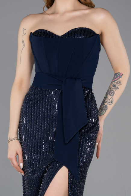 Long Navy Blue Beaded Evening Dress ABU5988