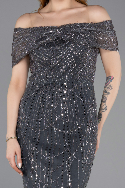Midi Anthracite Beaded Party Dress ABK2592