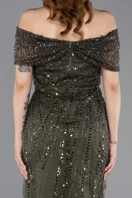 Midi Olive Drab Beaded Party Dress ABK2592