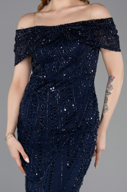 Midi Navy Blue Beaded Party Dress ABK2592