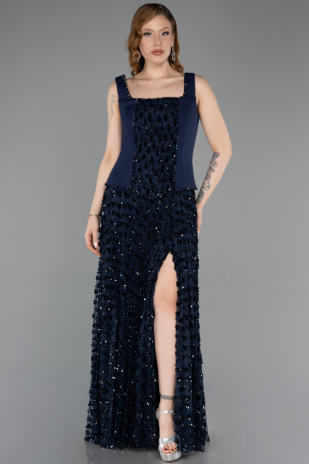 Long Navy Blue Scaly Evening Dress ABU5986