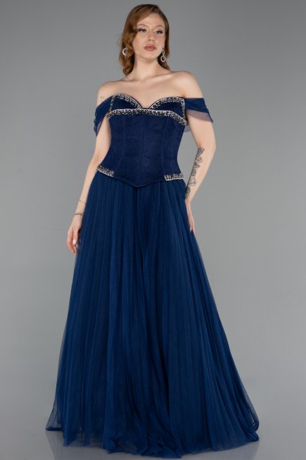 Long Navy Blue Dantelle Evening Dress ABU5996