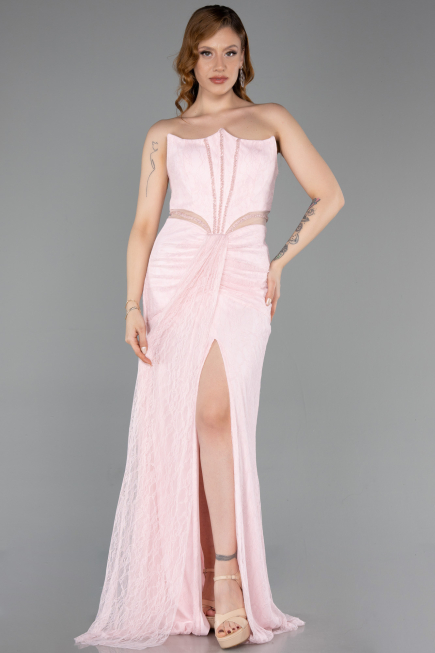 Powder Color Long Dantelle Evening Dress ABU5736