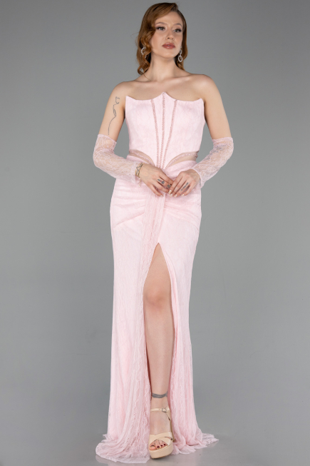 Powder Color Long Dantelle Evening Dress ABU5736