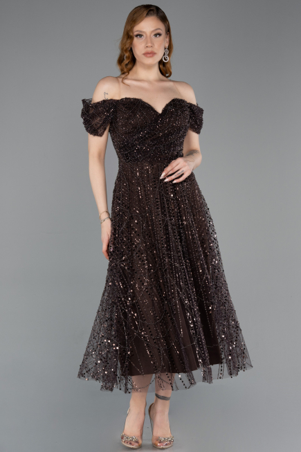 Midi Dark Brown Beaded Party Dress ABK2594