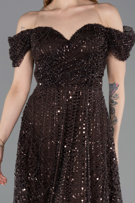 Midi Dark Brown Beaded Party Dress ABK2594