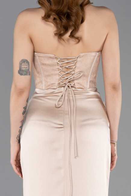Long Beige Satin Evening Dress ABU6000