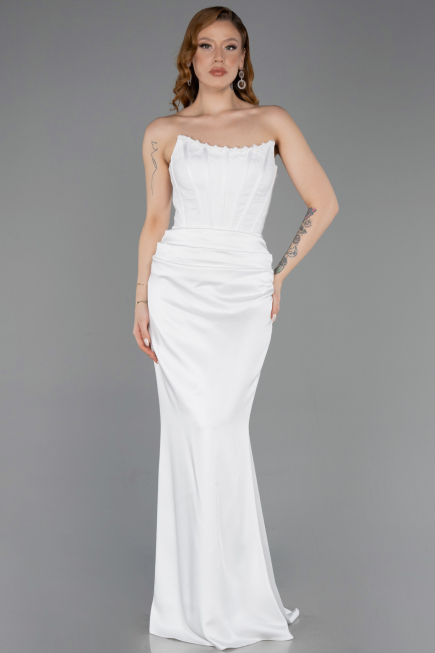Long White Satin Evening Dress ABU6000