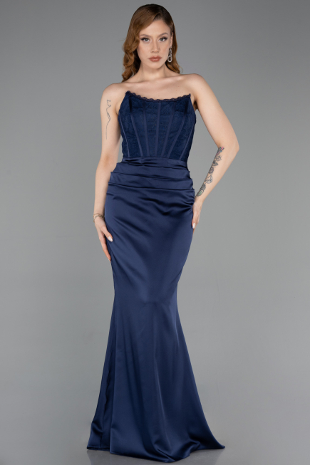 Long Navy Blue Satin Evening Dress ABU6000