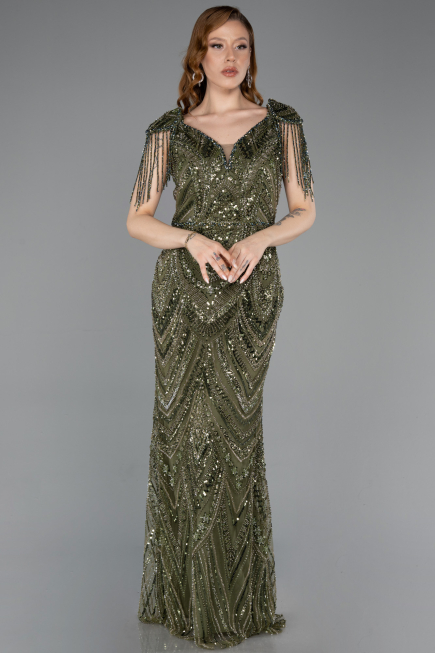 Long Olive Drab Beaded Evening Dress ABU5959