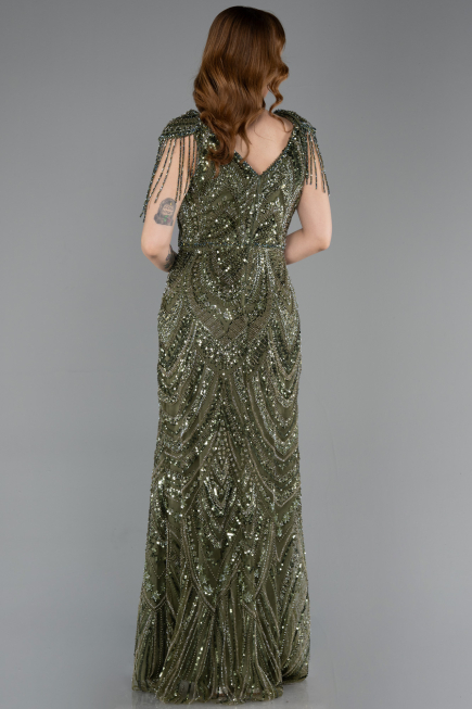 Long Olive Drab Beaded Evening Dress ABU5959