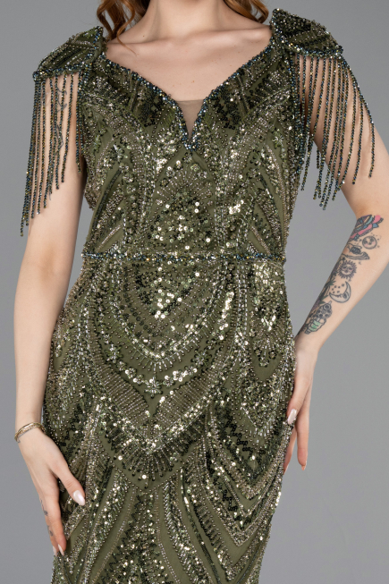 Long Olive Drab Beaded Evening Dress ABU5959