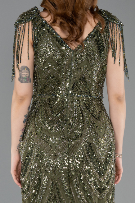 Long Olive Drab Beaded Evening Dress ABU5959