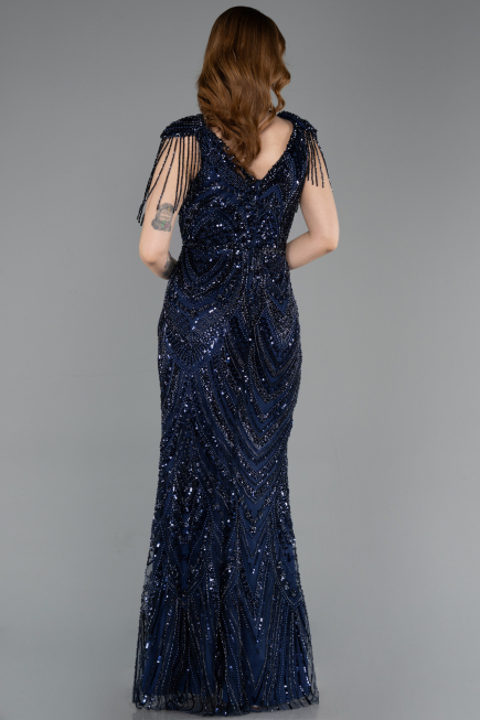 Long Navy Blue Beaded Evening Dress ABU5959