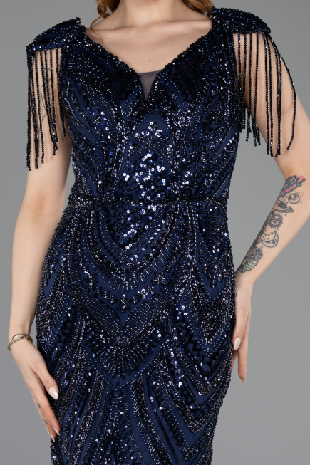 Long Navy Blue Beaded Evening Dress ABU5959