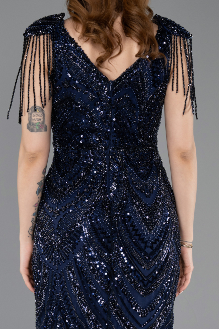 Long Navy Blue Beaded Evening Dress ABU5959