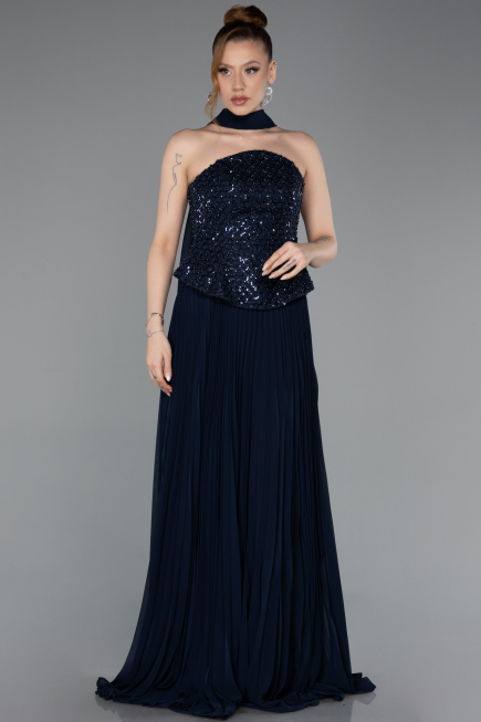 Long Navy Blue Chiffon Evening Dress ABU6011