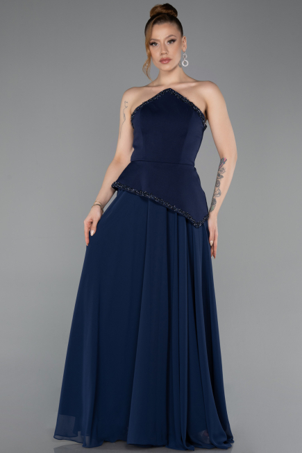 Long Navy Blue Chiffon Evening Dress ABU5681