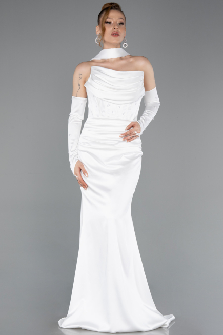 Long White Satin Evening Dress ABU5944