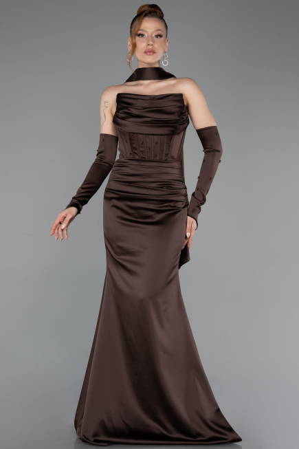 Long Brown Satin Evening Dress ABU5944