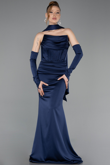 Long Navy Blue Satin Evening Dress ABU5944