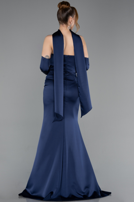 Long Navy Blue Satin Evening Dress ABU5944