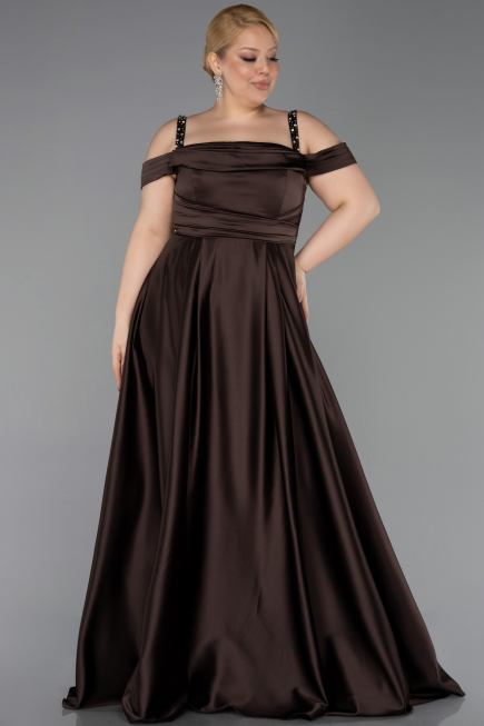Brown Strappy Long Satin Plus Size Engagement Dress ABU4207