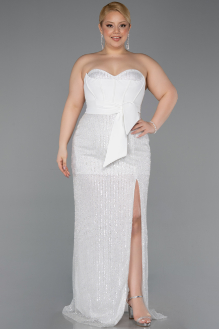 Long White Beaded Plus Size Evening Dress ABU5989
