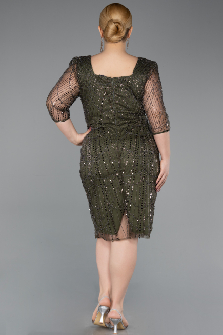 Midi Olive Drab Beaded Plus Size Cocktail Dress ABK2580