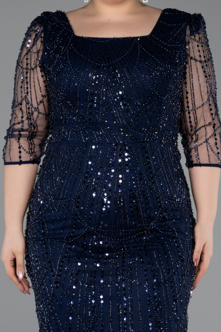 Midi Navy Blue Beaded Plus Size Cocktail Dress ABK2580