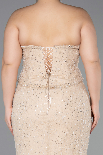 Long Beige Dantelle Plus Size Evening Gown ABU5994