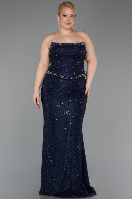 Long Navy Blue Dantelle Plus Size Evening Gown ABU5994